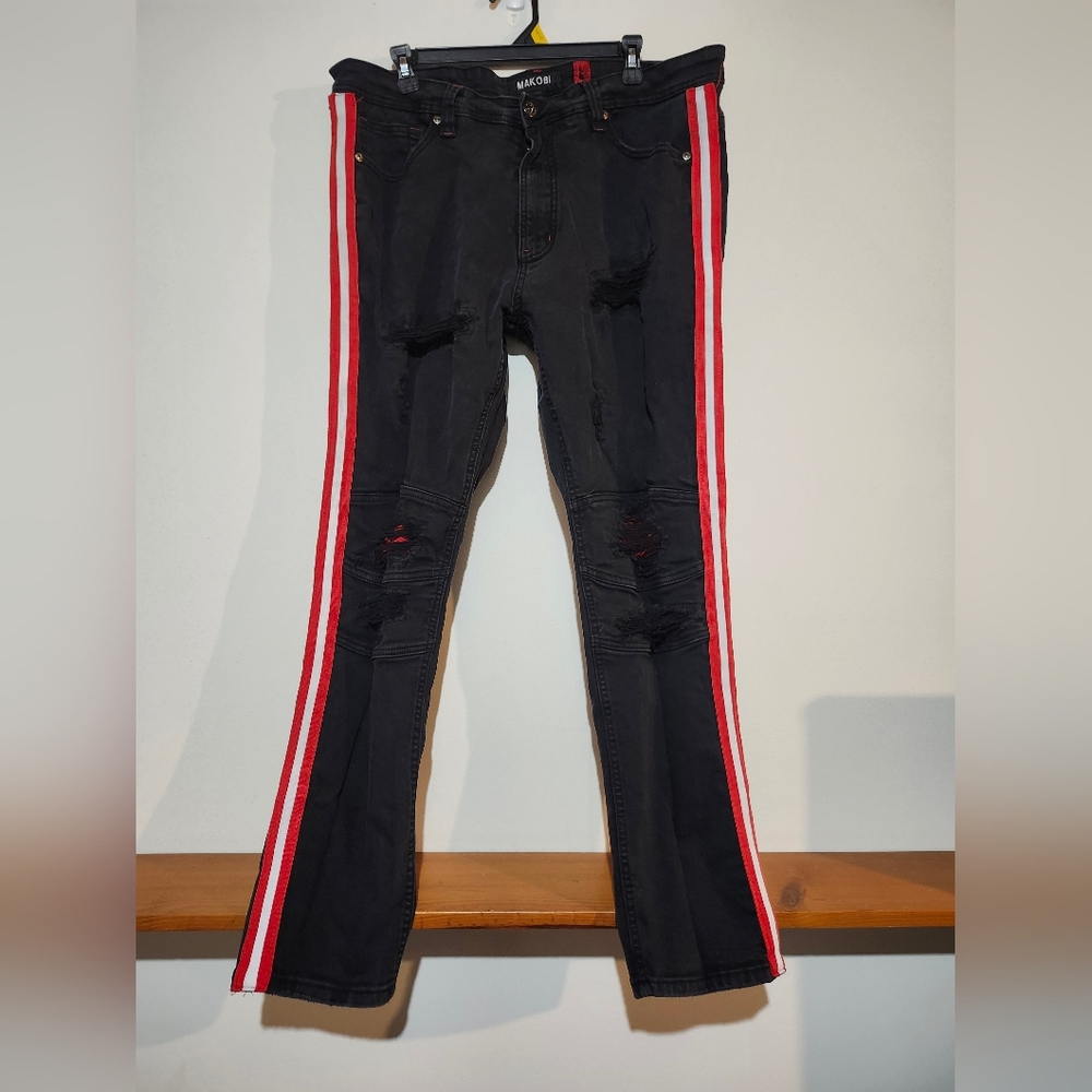 Makobi Black Distressed Jeans w/ Red Side Stripes – Size 40x32